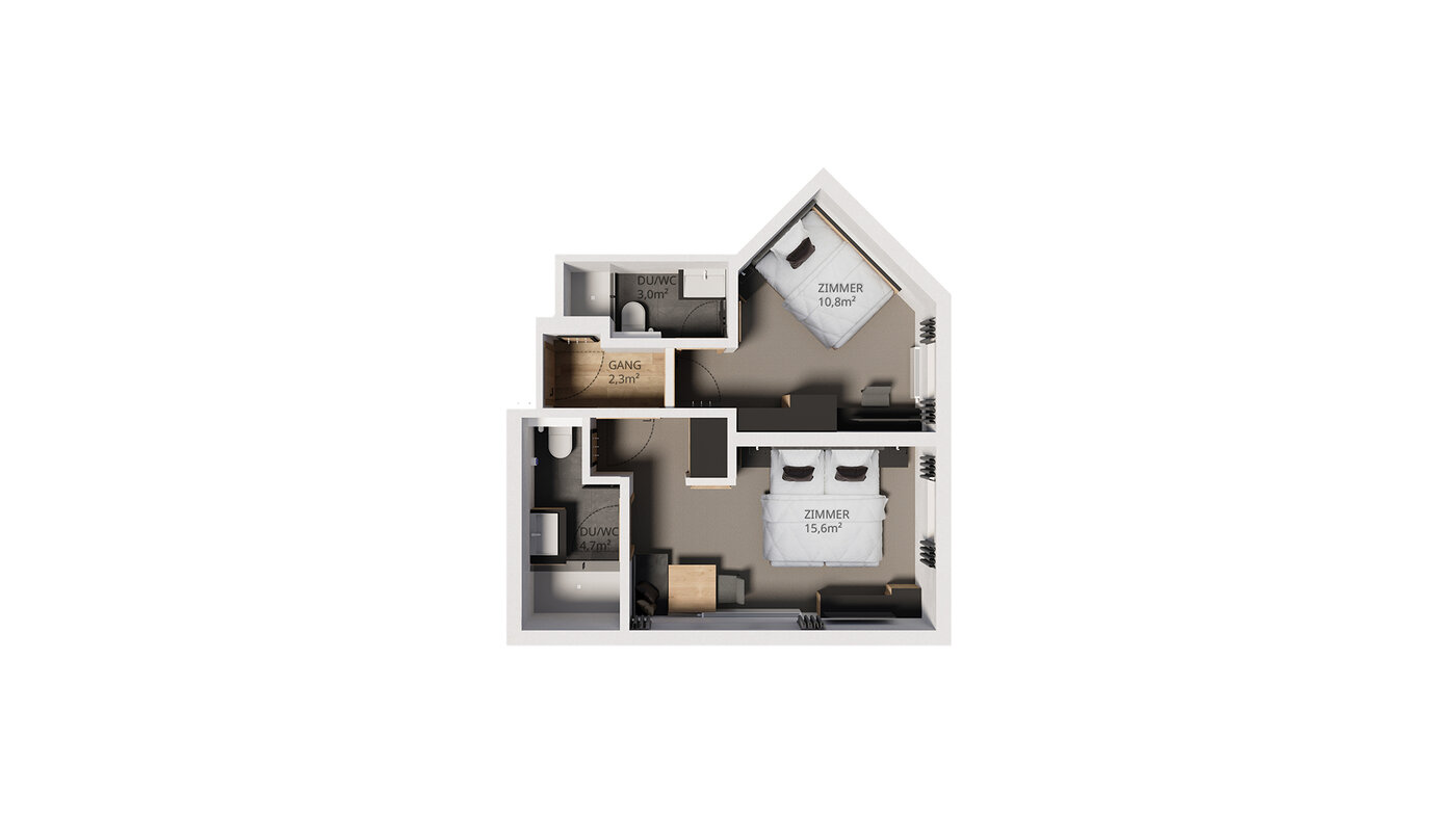 Grundriss Kellergeschoss: zwei Schlafzimmer (15,6 m² & 10,8 m²), zwei Duschbäder (4,7 m² & 3,0 m²) und kleiner Flur (2,3 m²).