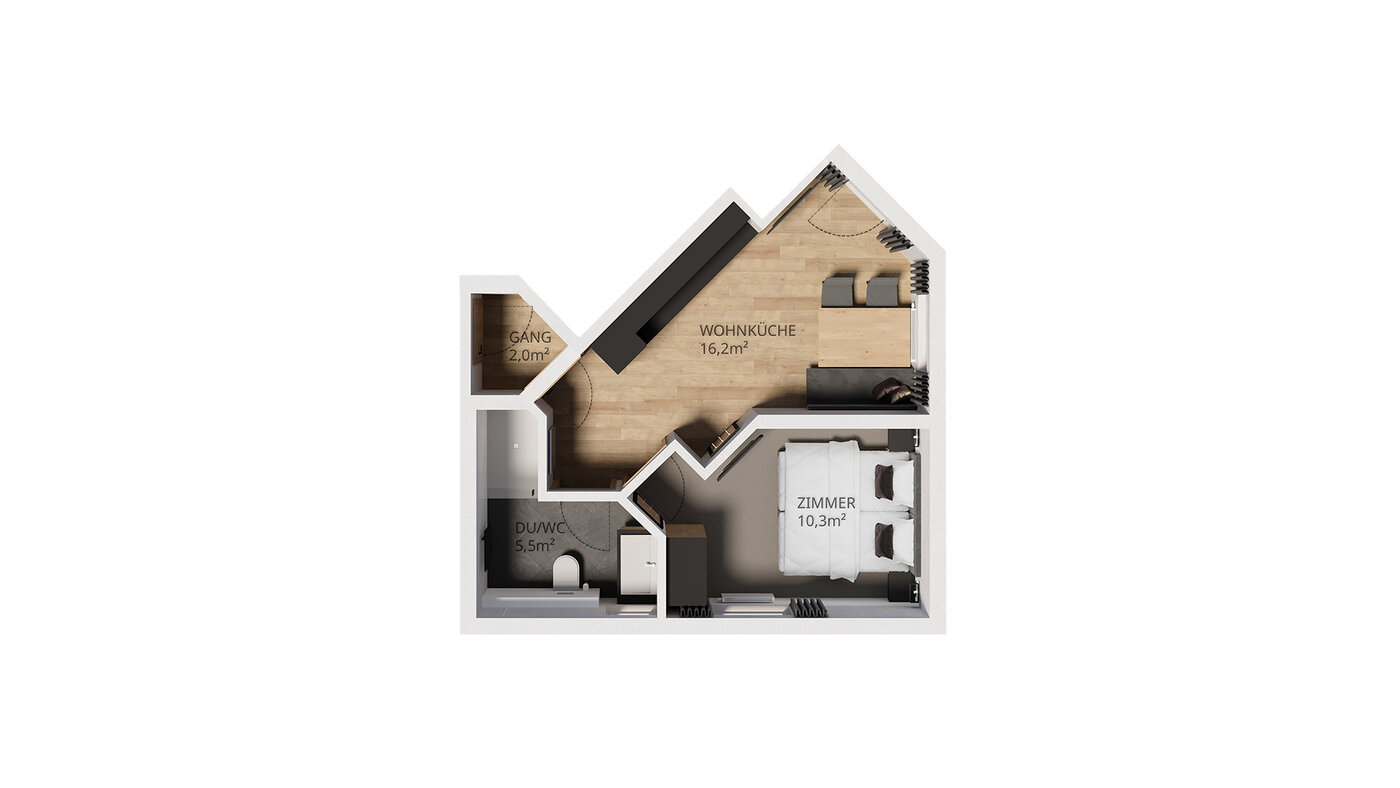 Grundriss EG-Zimmer mit Wohnküche, separatem Schlafzimmer, Bad (DU/WC) und kleinem Eingangsbereich.