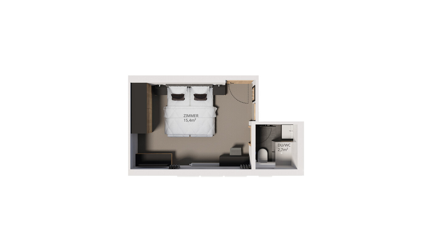 Grundriss Kellerzimmer: 15,4 m² Schlafzimmer mit Doppelbett, Bad (2,7 m²) und Schrank.