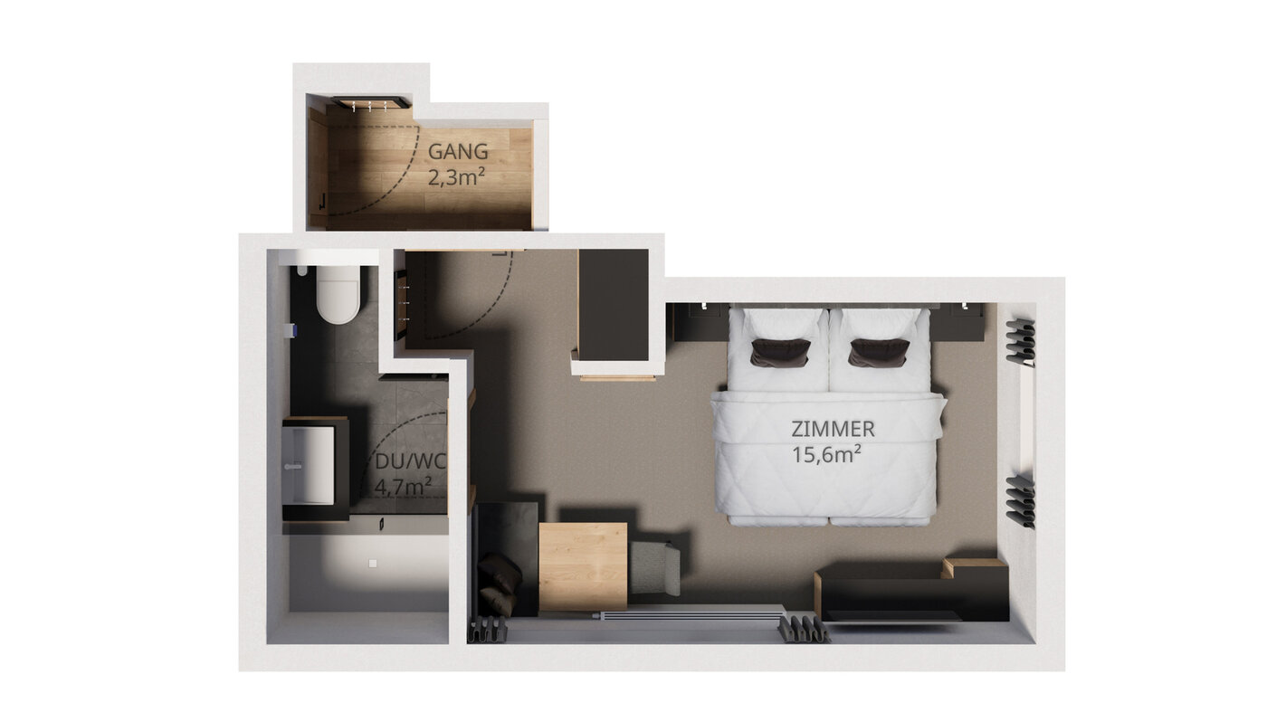 3D-Grundriss einer rechteckigen Wohnung mit Wohnbereich, Küche, Bad, Schlafzimmer und kleinem Abstellraum.