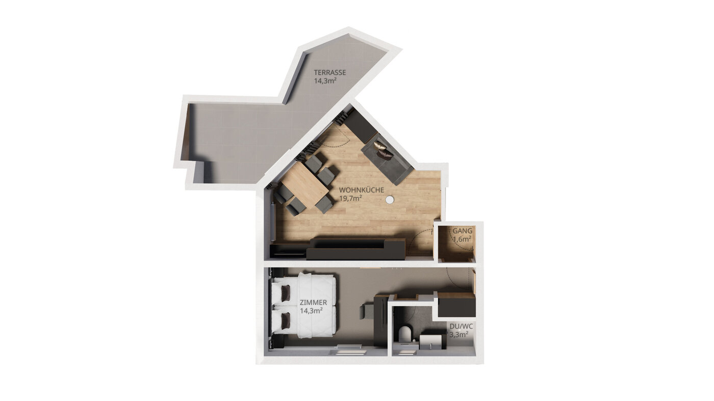 Grundriss Apartment 201-4: 19,7 m² Wohnküche, 21,5 m² Schlafzimmer, 4,1 m² Bad, 1,6 m² Flur, 14,3 m² Terrasse mit Sauna.