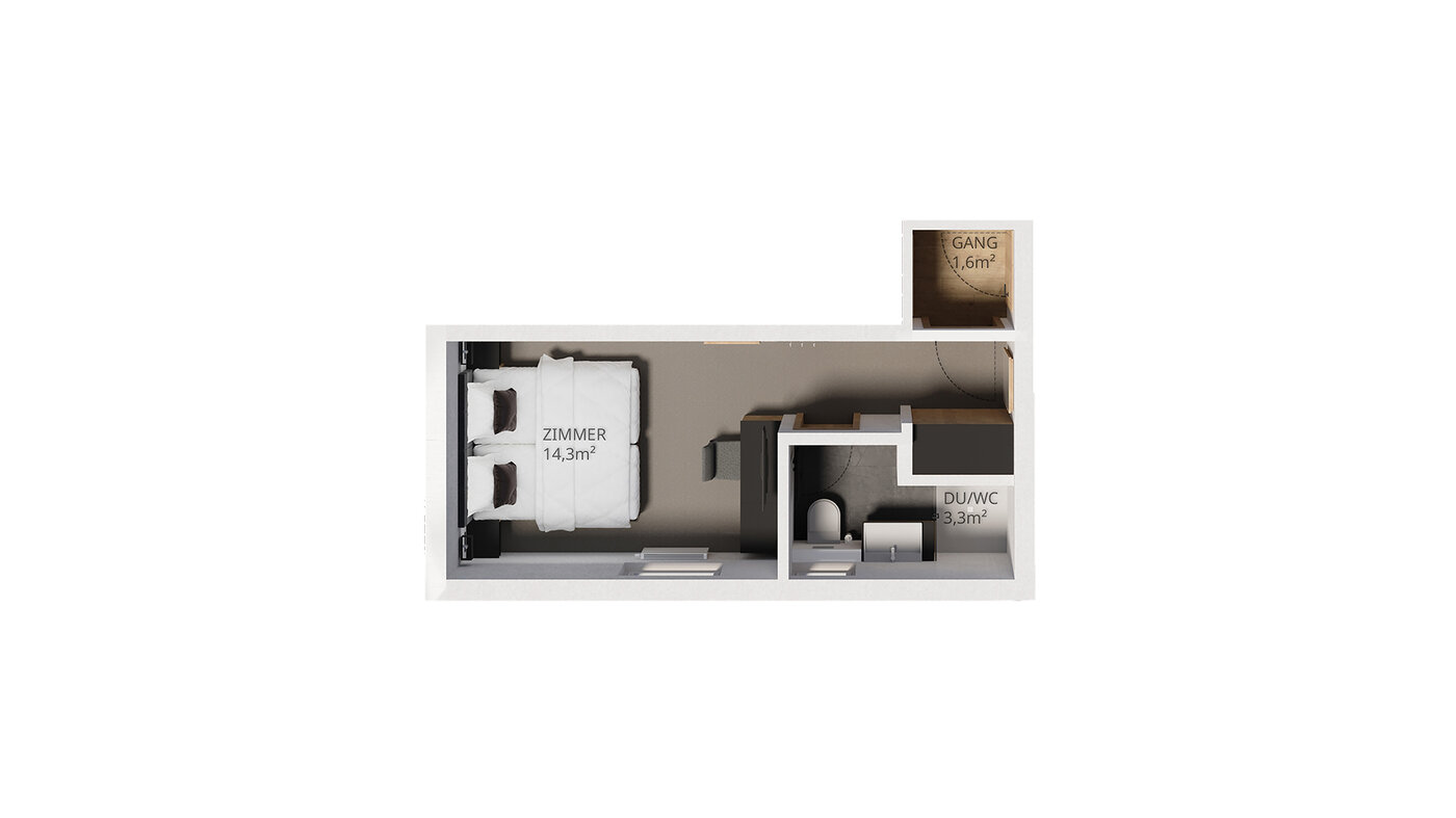 Zimmergrundriss: 14,3 m² Schlafzimmer mit Doppelbett, angrenzendem Duschbad (3,3 m²) und kleinem Eingangsflur (1,6 m²).