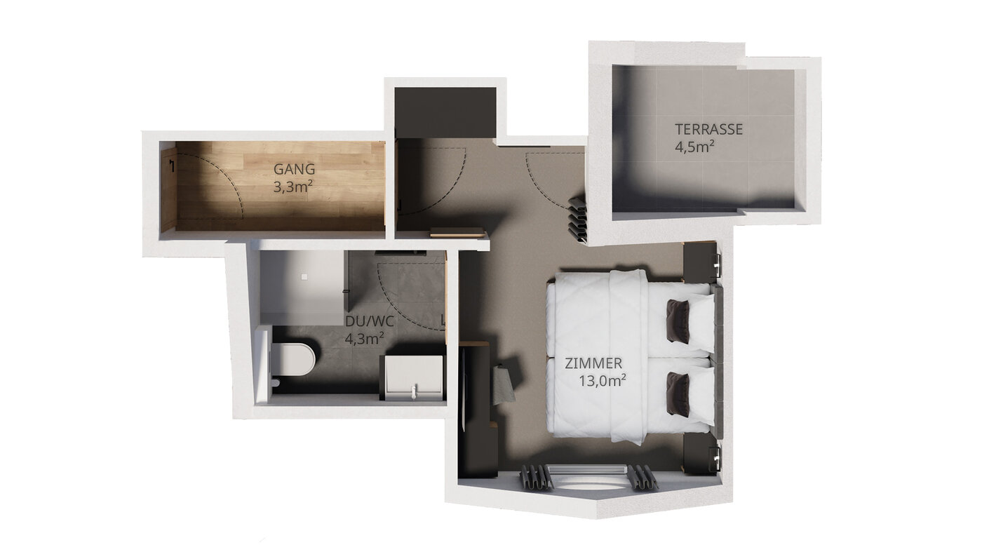 Grundriss eines 13,0 m² Zimmers mit angrenzendem 4,3 m² Duschbad, 3,3 m² Flur und 4,5 m² Terrasse.