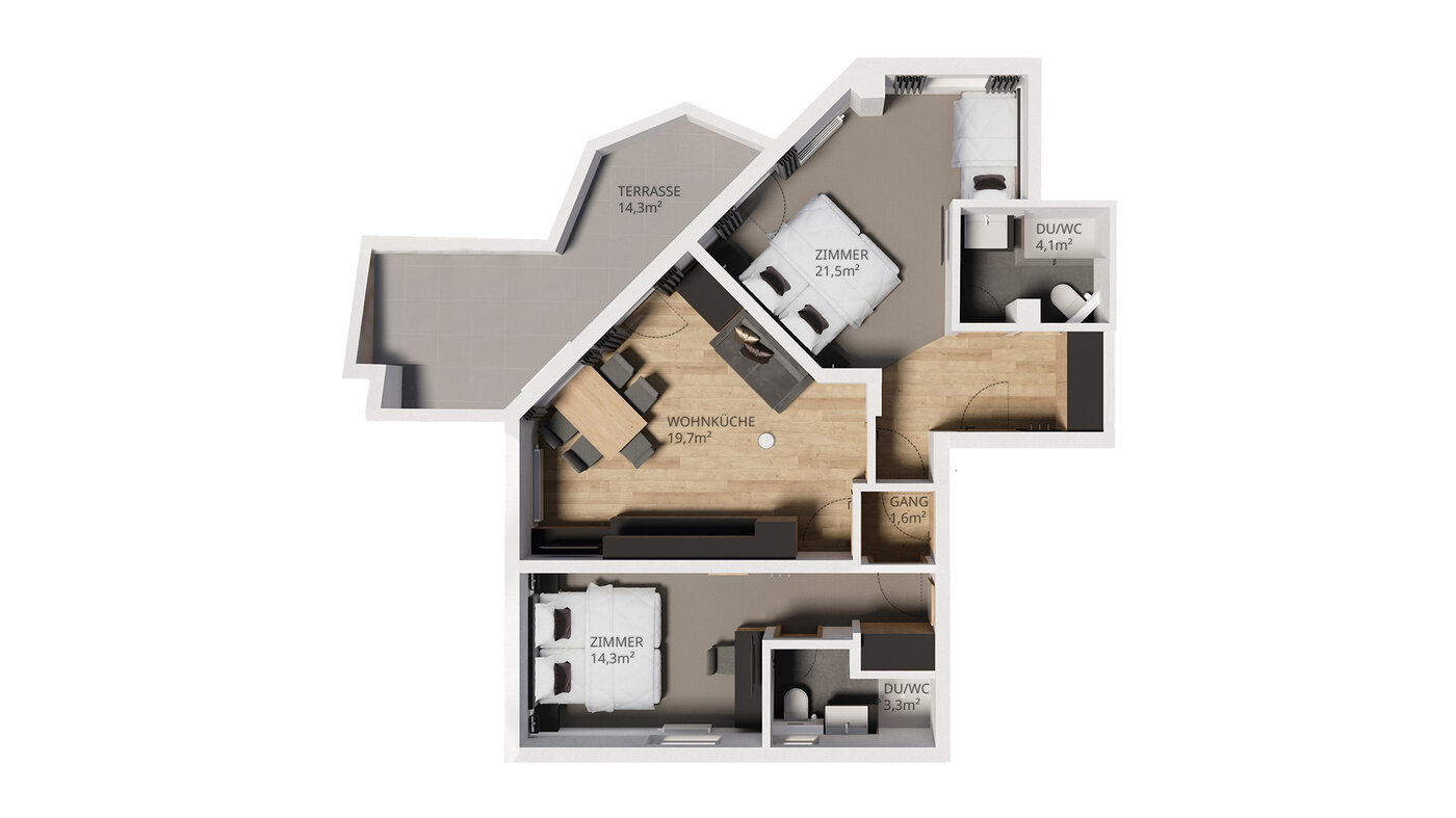 Grundriss der Ferienwohnung 201 mit Wohnküche, zwei Schlafzimmern, zwei Bädern, Flur, Terrasse und integrierter Sauna.