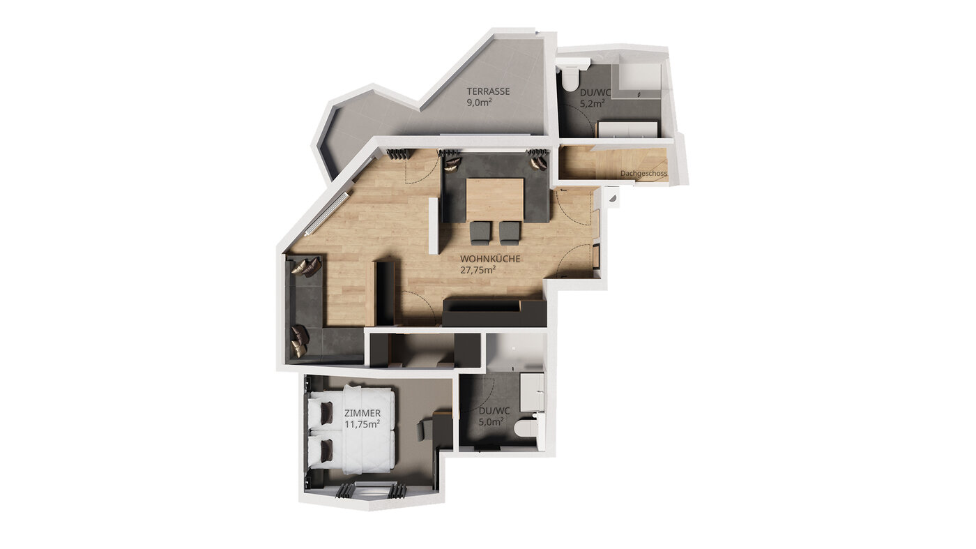 Grundriss Apartment 301: großzügige Wohnküche mit Eckbank, Bad, Schlafzimmer, Dachterrasse und Flur im Dachgeschoss.