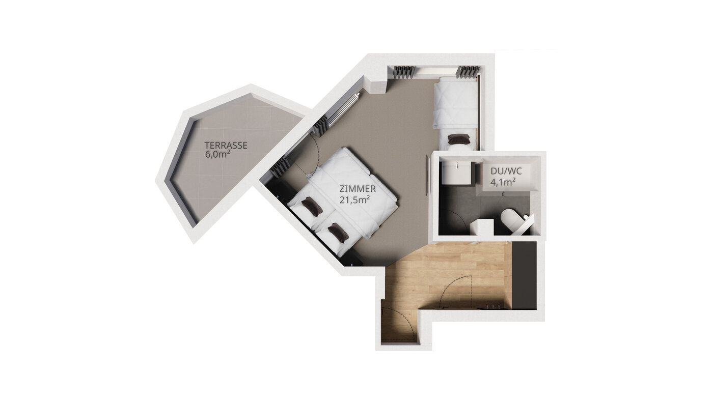 3D-Grundriss mit Schlafzimmer, Bad, Wohnraum und extra Raum in außergewöhnlicher, polygonaler Raumaufteilung.