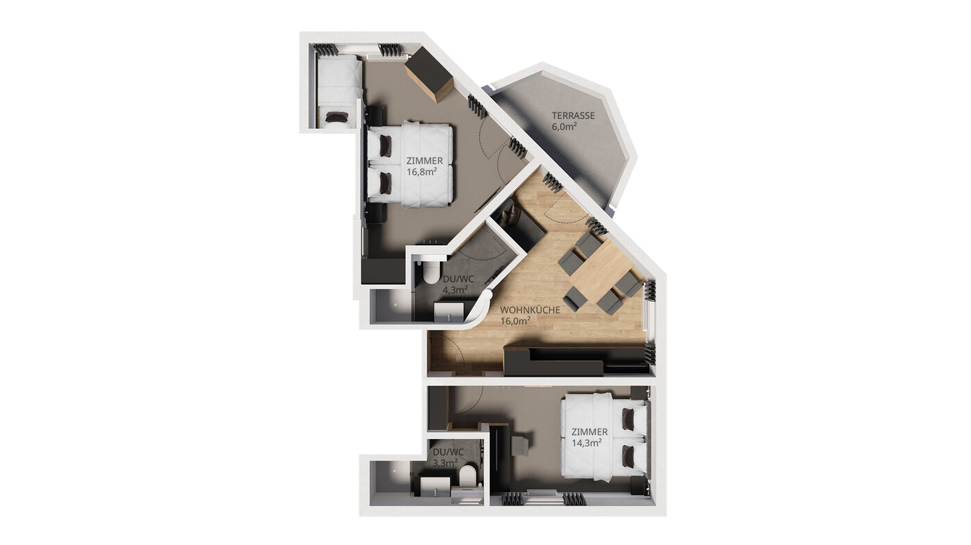 Grundriss Apartment 202 mit Wohnküche, zwei Schlafzimmern, zwei Bädern, Flur und kleiner Terrasse.