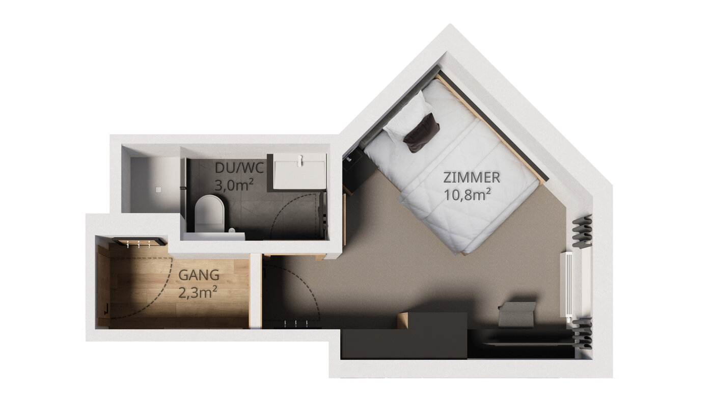 3D-Grundriss einer kleinen Wohnung mit Schlafzimmer, Bad, Wohnbereich und Küche in L-förmigem Layout.