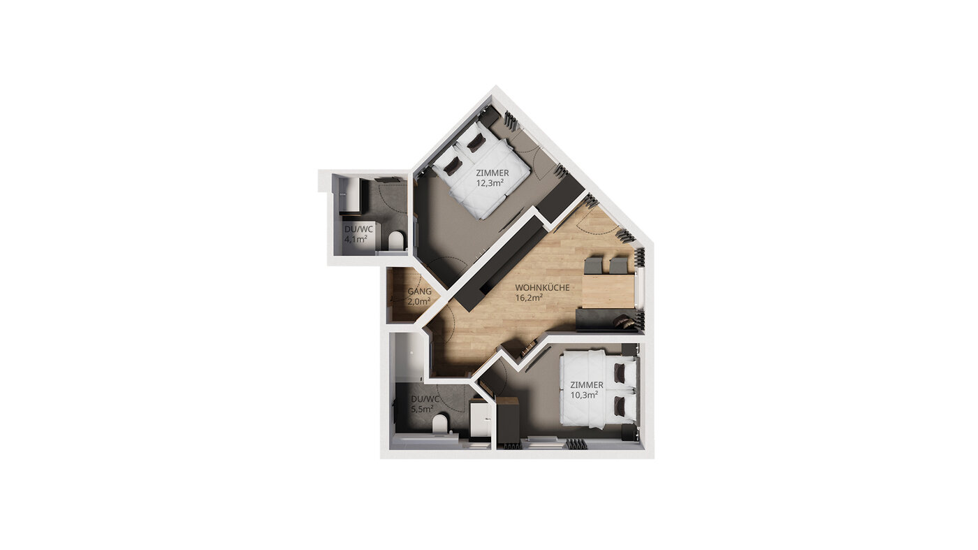 Grundriss EG-Apartment mit Wohnküche, zwei Schlafzimmern, zwei Bädern und kleinem Flur.