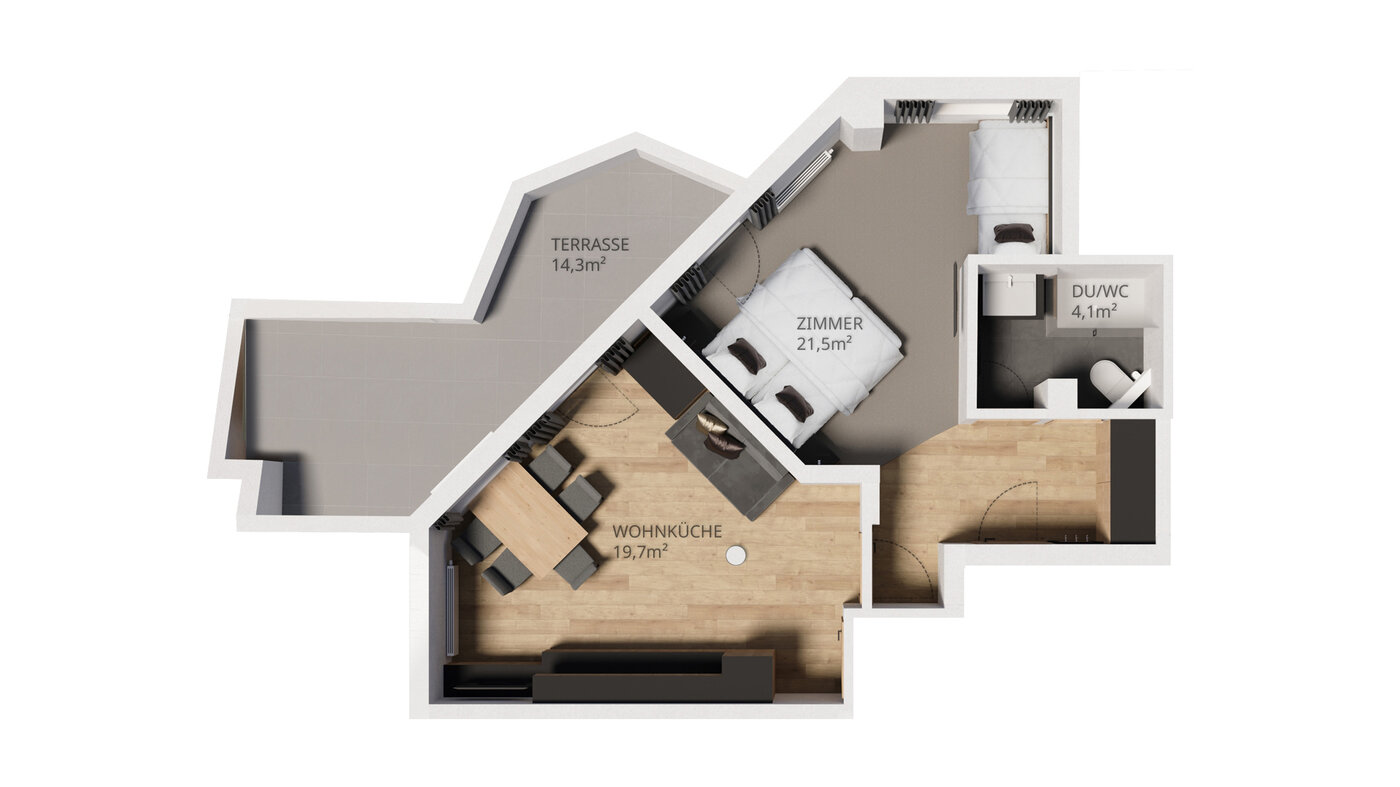 Grundriss Apartment 201-2: 19,7 m² Wohnküche, 21,5 m² Schlafzimmer, 4,1 m² Bad, 1,6 m² Flur, 14,3 m² Terrasse mit Sauna.