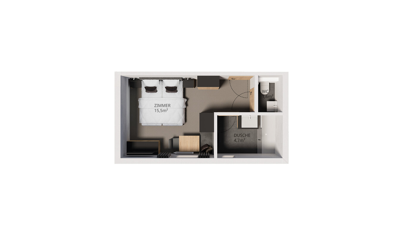 Grundriss Zimmer 102: 15,5 m² Schlafzimmer mit Doppelbett, 4,7 m² Dusche, 1,6 m² WC und kleinem Flur.