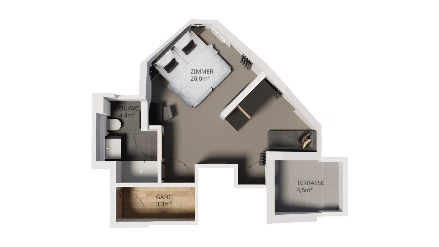Grundriss Zimmer 302-1 mit 20 m² Raum, angrenzendem DU/WC (4,4 m²), Flur (3,3 m²) und Terrasse (4,5 m²).